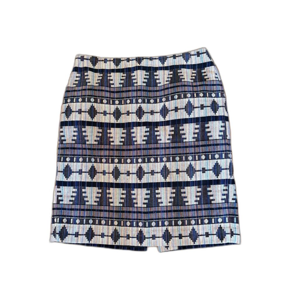 Ann Taylor Jacquard Boho Pencil Straight Skirt Blue White Size 10 Western Tribal